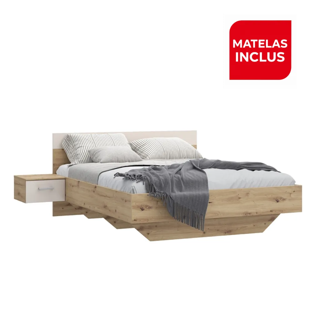 Pack Lit TANAIA - 160×200 cm, avec Sommier + Matelas + 2 Chevets, Chêne/Sable