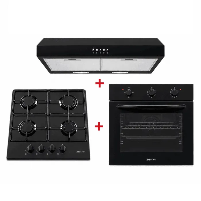 Pack Trio Zenya : Plaque 60CM à 4 Feux + Four électrique 3 Bourons + Hotte sous meuble