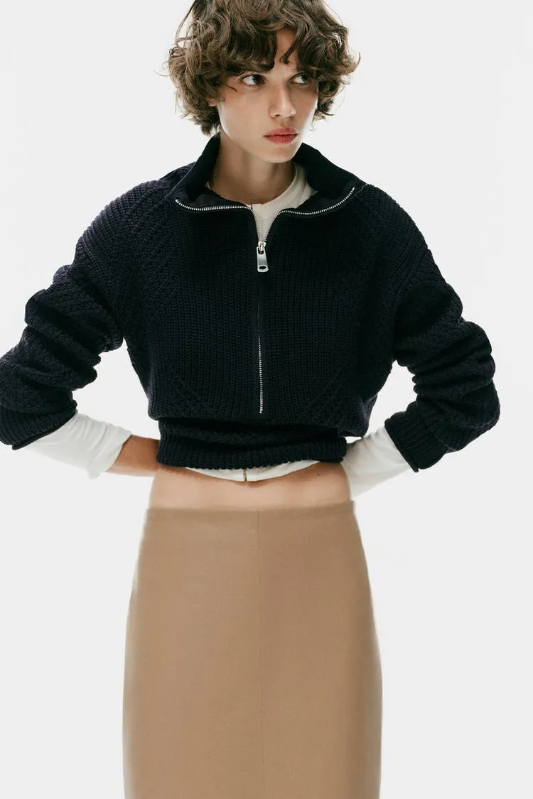 Pull en Maille structuré Zara - Bleu marine ou Sable, Tailles du S au XL